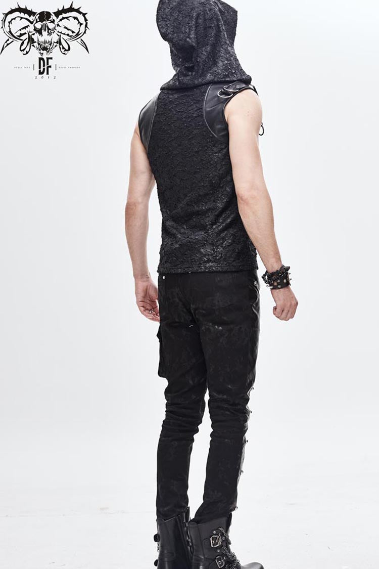 Black Hooded Tattered Chest Lace Up Metal Buckle Knit Punk Vest