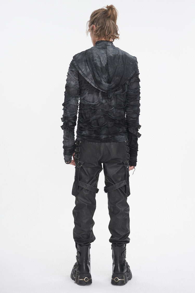 Black High Collar Long Sleeves Print Ripped Punk Hoodies T-shirt