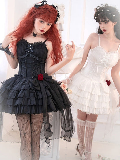 Rose Ribbon Tulle Lace Up Tiered Cami Dress