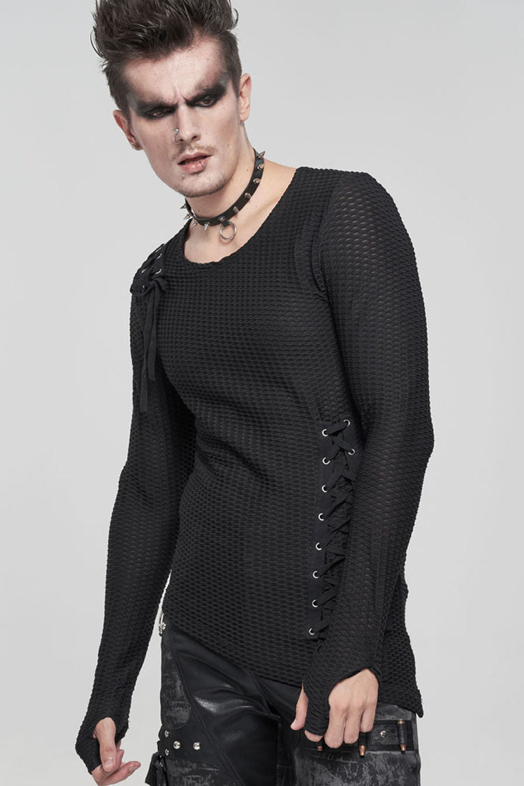 Black Gothic Asymmetry Drawstring Decoration Coarse Net Shirt