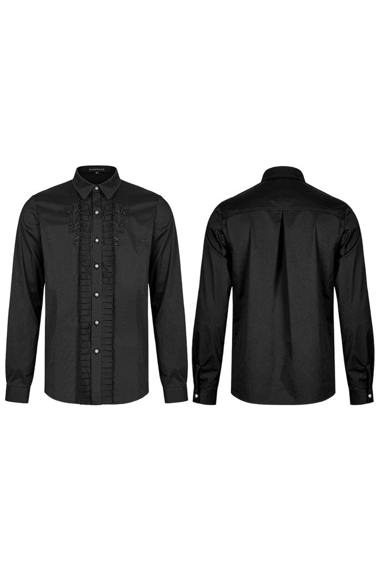 Black Gothic Delicate Decals Placket Pleated Ruffle Long Sleeve Shirt