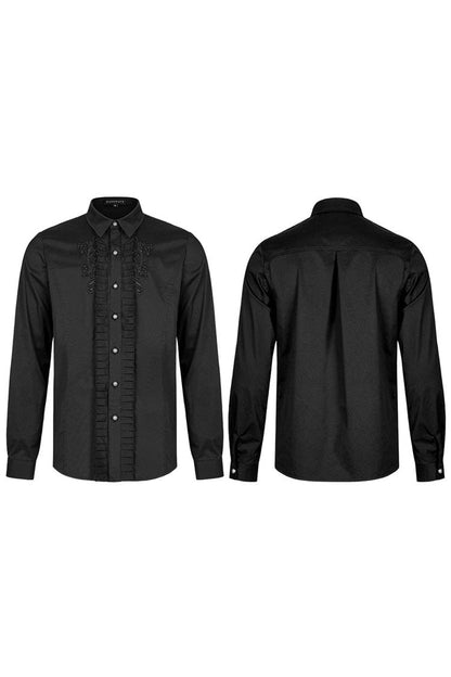 Black Gothic Delicate Decals Placket Pleated Ruffle Long Sleeve Shirt