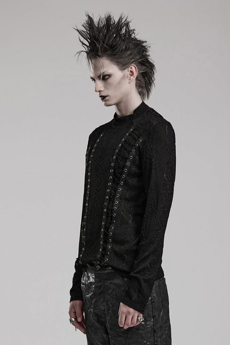 Black Round Collar Long Sleeves Jacquard Symmetrical Rope Gothic T-shirt