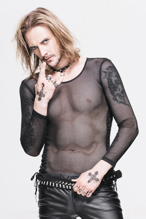 Black Diamond Shaped Mesh Round Neck Long Sleeves Punk T-shirt