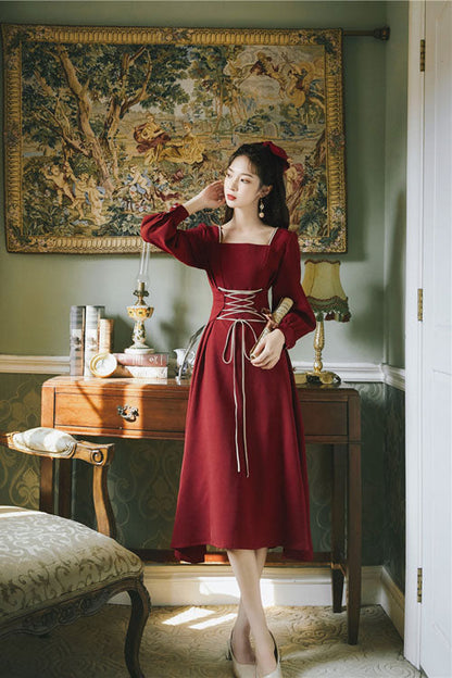 Wine European Manor Square Collar Long Sleeves High Waisted Classic Lolita Op Dress