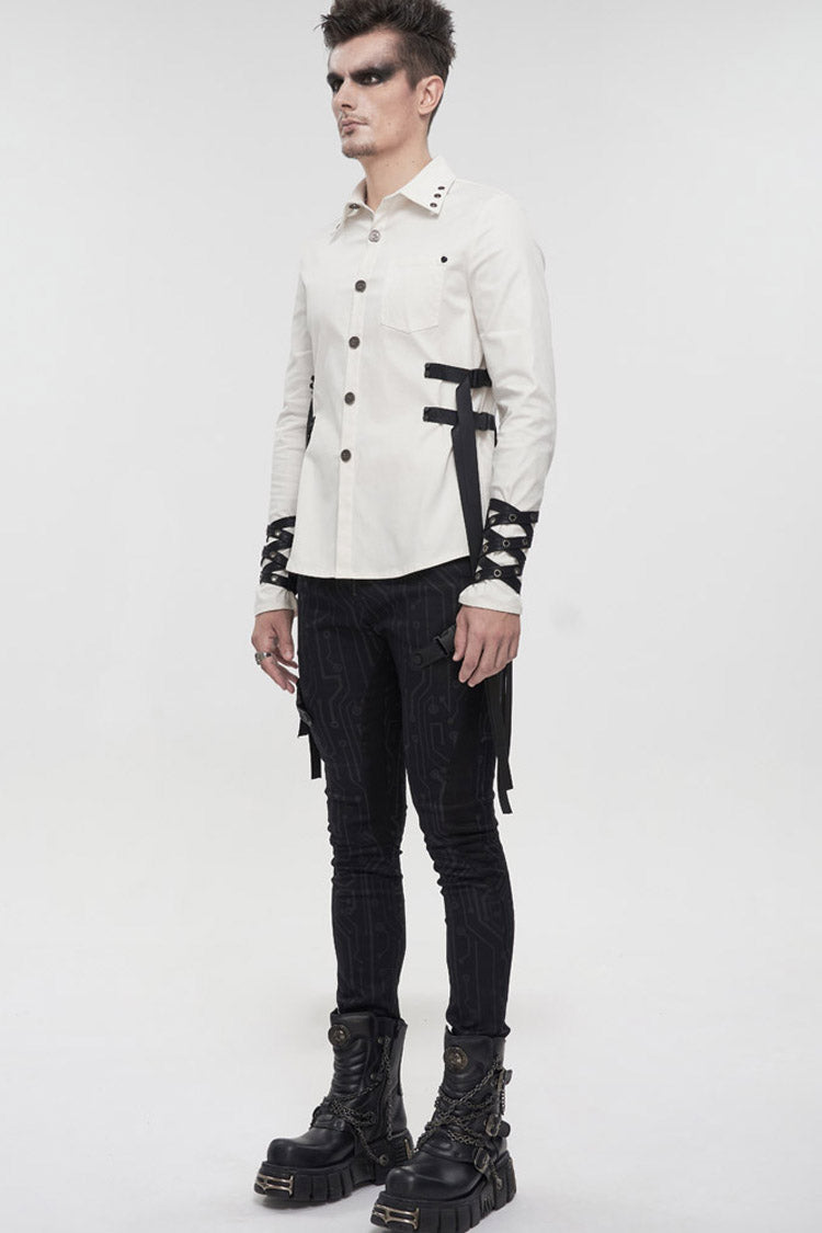 White Punk Nylon Strap Metal Buckle Decoration Long Sleeve Elasticity Thick Shirt