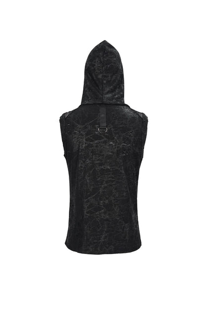Black Skull Hollowed Out Print Stitched Sleeveless Chain Hoodie Punk Shirt