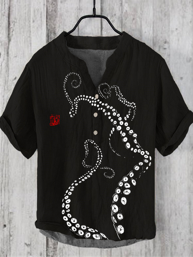 Black and White Tentacle Japanese Pattern Linen V-Neck Shirt elevenforest