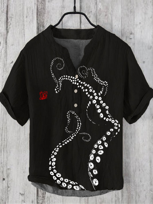 Black and White Tentacle Japanese Pattern Linen V-Neck Shirt elevenforest