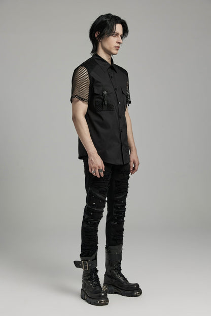 Black Lapel Collar Short Sleeves Mesh Stitching Punk Blouse