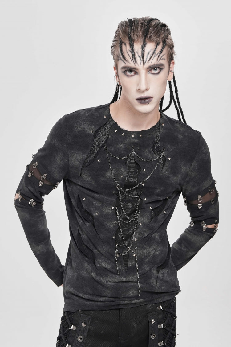 Black Long Sleeves Cutout Rivets Chain Punk Blouse