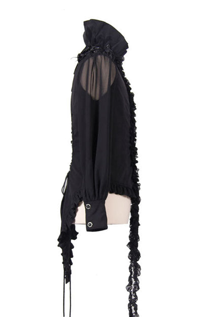 Black High Collar Lace Up Dovetail Hem Gothic Blouse