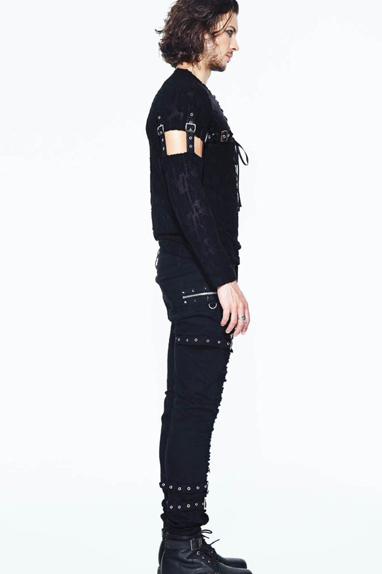 Black Leather Loop Sleeve Irregular Jacquard Knitted Chest Lace Up Removable Punk Shirt
