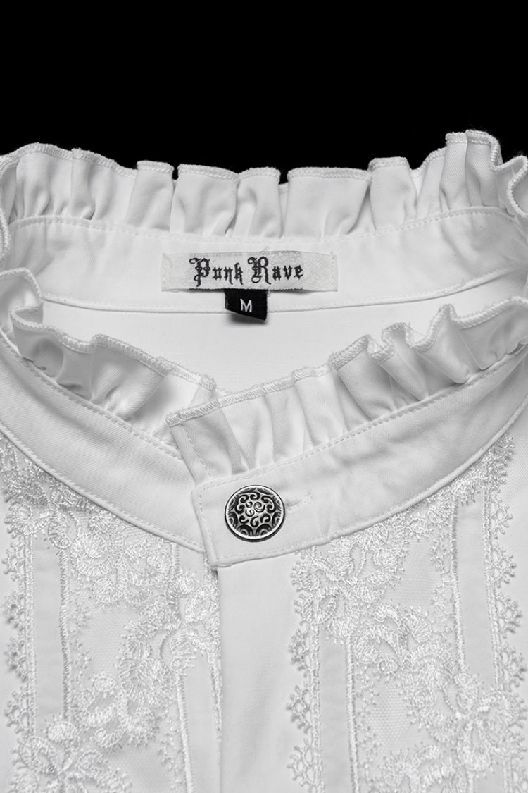 White Stand Collar Long Sleeves Ruffle Embroidery Pleated Gothic Blouse