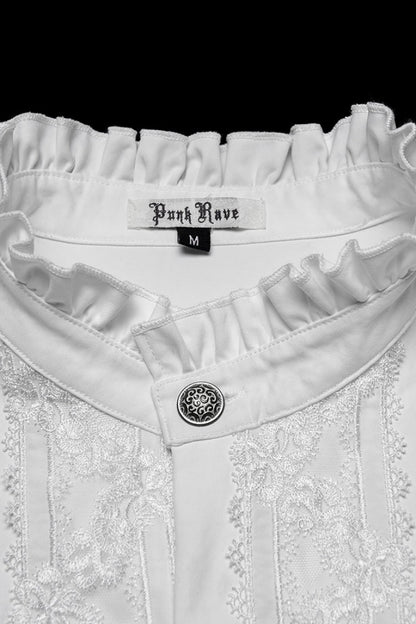 White Stand Collar Long Sleeves Ruffle Embroidery Pleated Gothic Blouse