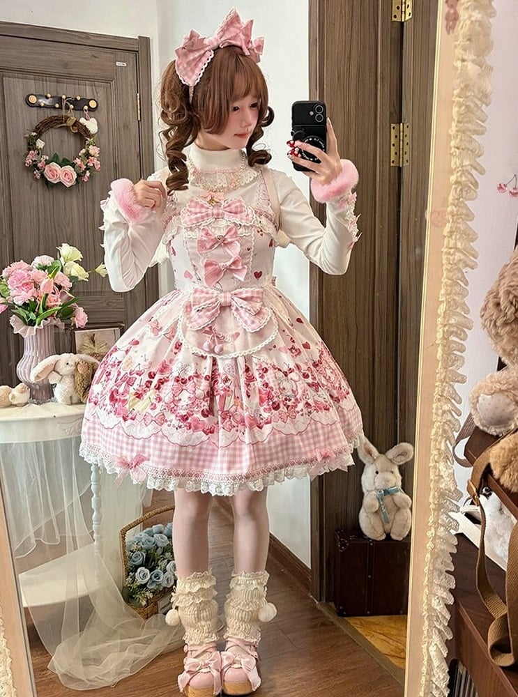 [pre-order Deadline: May 5] Pink Cherry Print Lace Ribbon Bunny Ear Apron Jsk Dress + Accessories