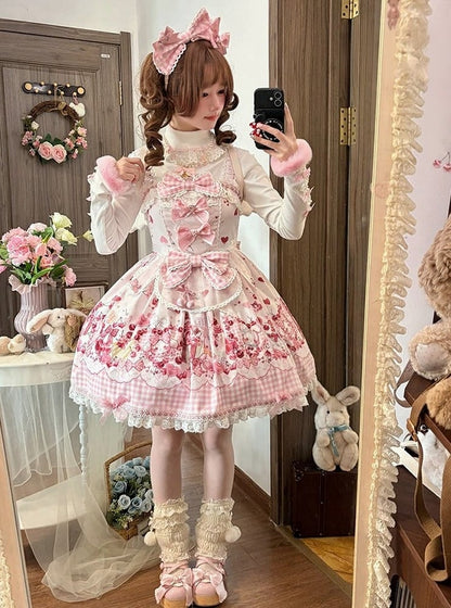 [pre-order Deadline: May 5] Pink Cherry Print Lace Ribbon Bunny Ear Apron Jsk Dress + Accessories