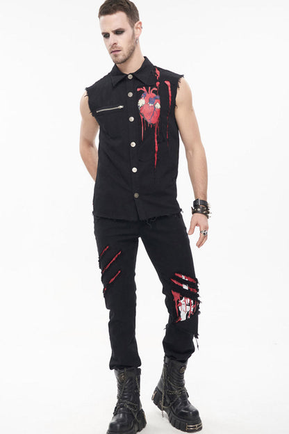Black Punk Simple Everyday Stand Collar Print Sleeveless Shirt