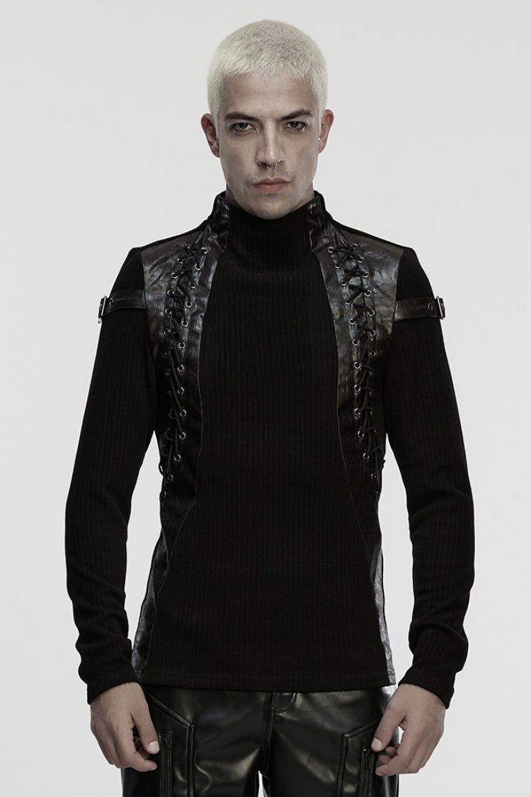 Black Stand Collar Long Sleeves Spliced Buckled Strappy Punk Top