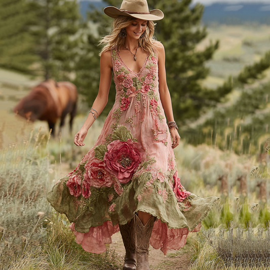 Vintage Rose Floral Embroidered Sleeveless Maxi Dress elevenforest