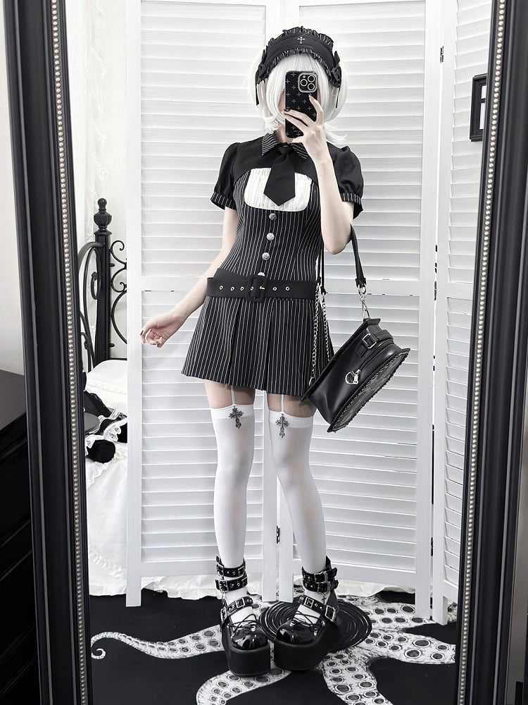[pre-order Deadline: April 28] Black Pinstripe Tie Collar Short Jacket Dress Full Set + Jewel Casquette
