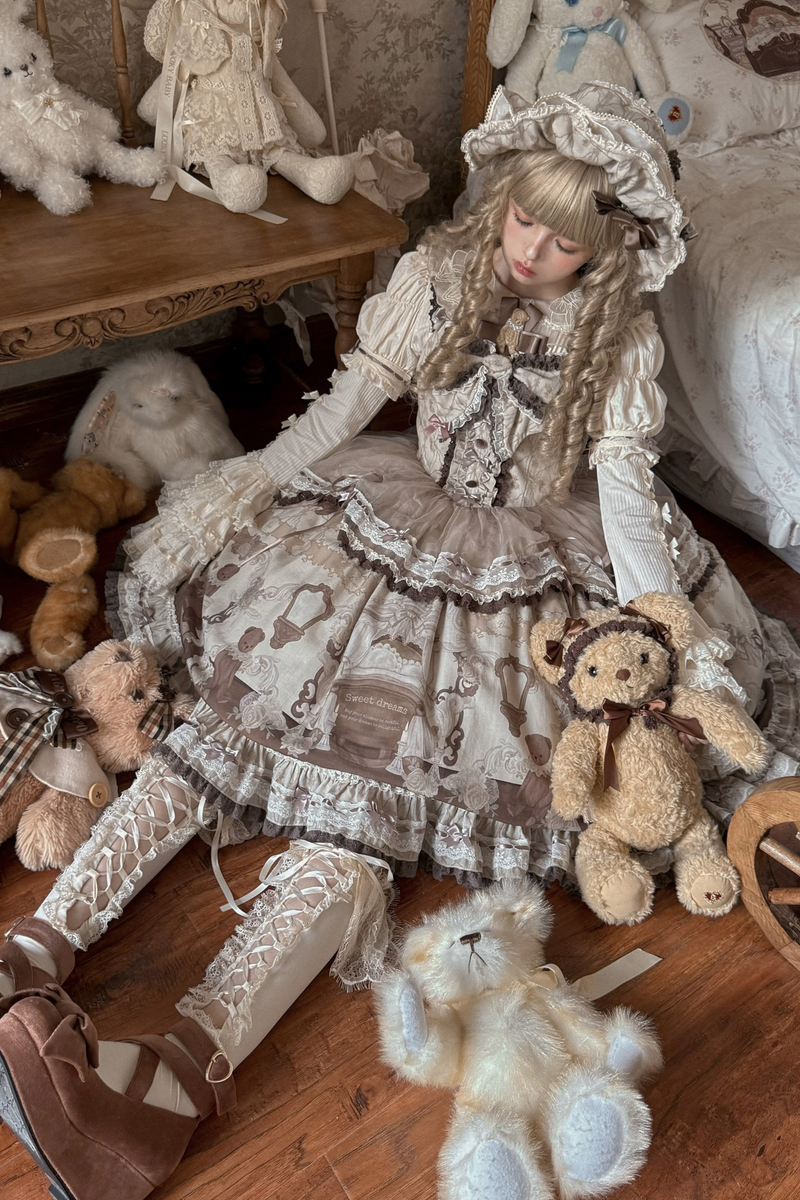Briana Bear Print Dream Doll Lolita Dress + Jsk + Skirt + Shirt + Petticoat