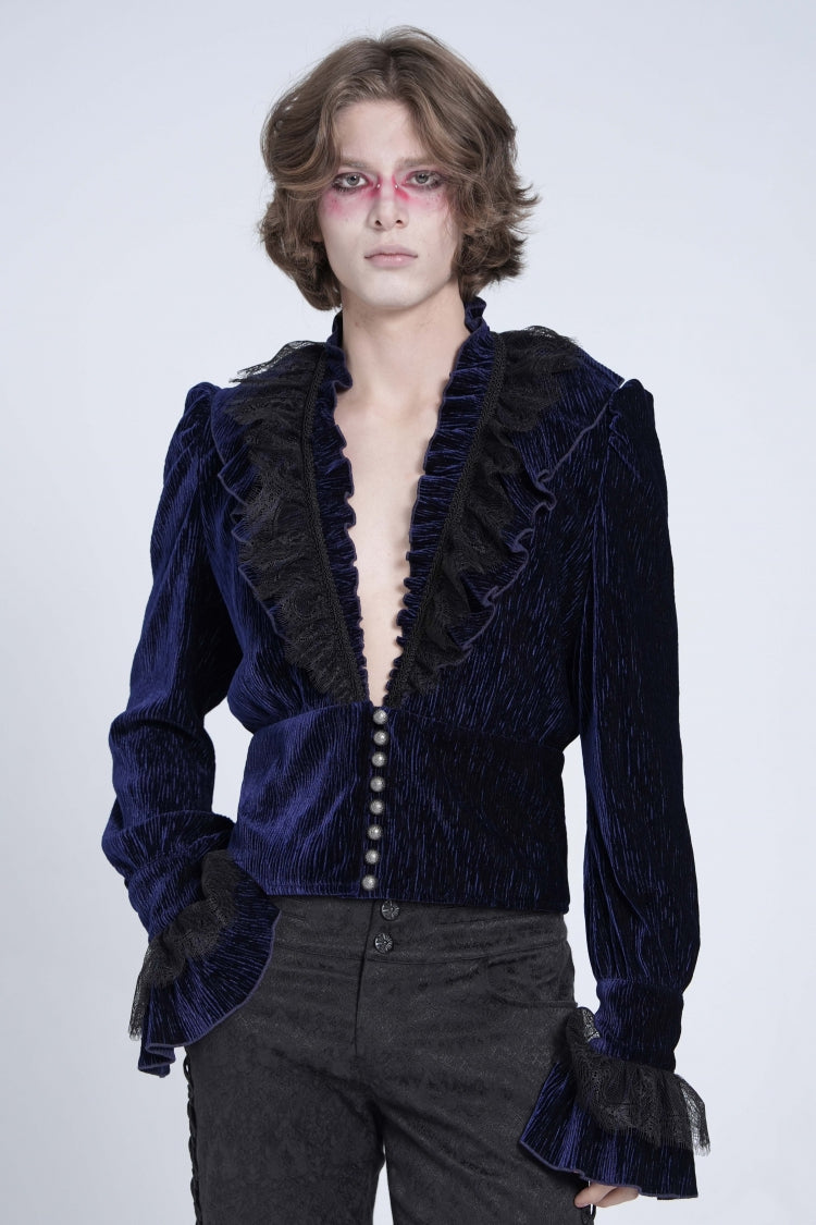 Blue V Collar Long Sleeves Ruffle Stitching Lace Gothic Blouse