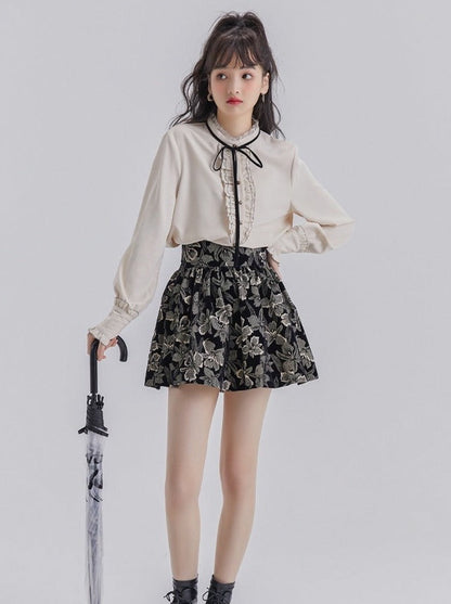 Lace Ruffle Bow Blouse + Jacquard Skirt