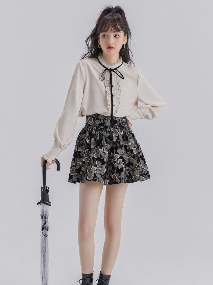 Lace Ruffle Bow Blouse + Jacquard Skirt
