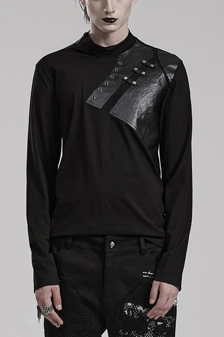 Black Long Sleeves Faux Leather Stitching Steampunk Blouse