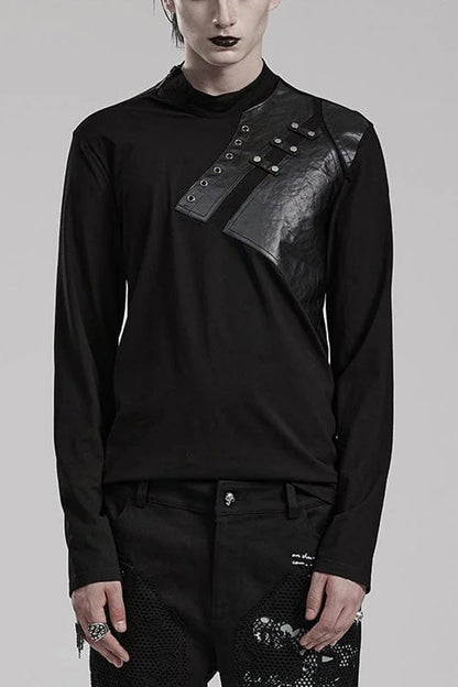 Black Long Sleeves Faux Leather Stitching Steampunk Blouse