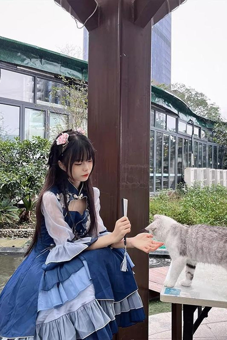 Blue Multi-layer Print Ruffle Classic Chinese Style Princess Lolita Jsk Dress