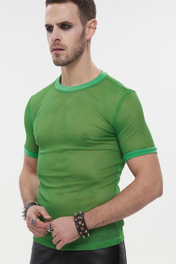 Green Gothic Crew Neck Diamond-shaped Net Hyperelastic Short Sleeve T-shirt