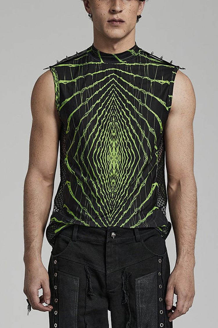 Halo Print Sleeveless Stitching Mesh Rivets Steampunk T-shirt 2 Colors