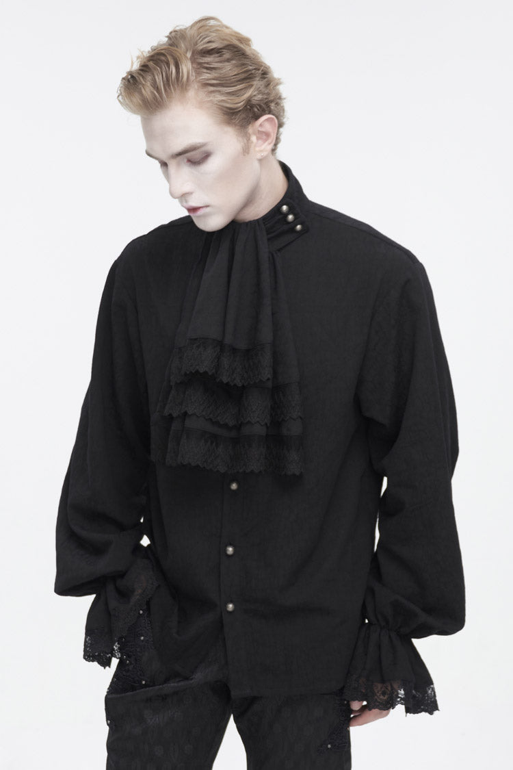 Black Puff Sleeved Ruffled Lace Splice Gothic Shirt