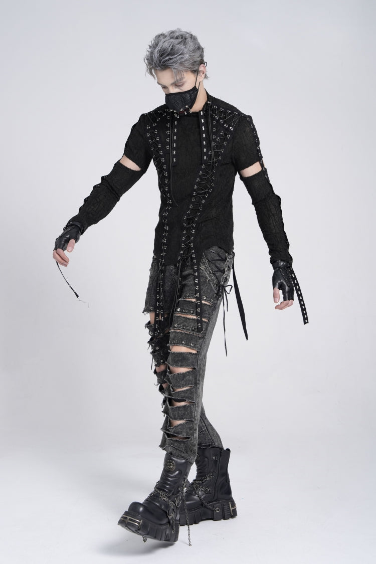 Black Long Sleeves Strap Lace-up Irregular Mesh Gothic T-shirt