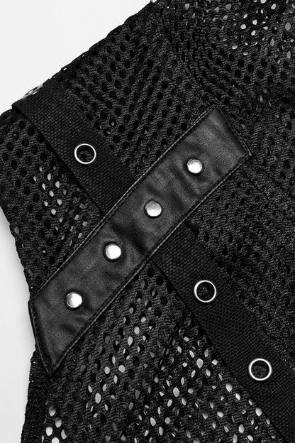 Black Sleeveless Irregular Hooded Mesh Eyelet Punk Vest