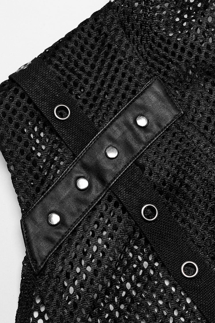 Black Sleeveless Irregular Hooded Mesh Eyelet Punk Vest