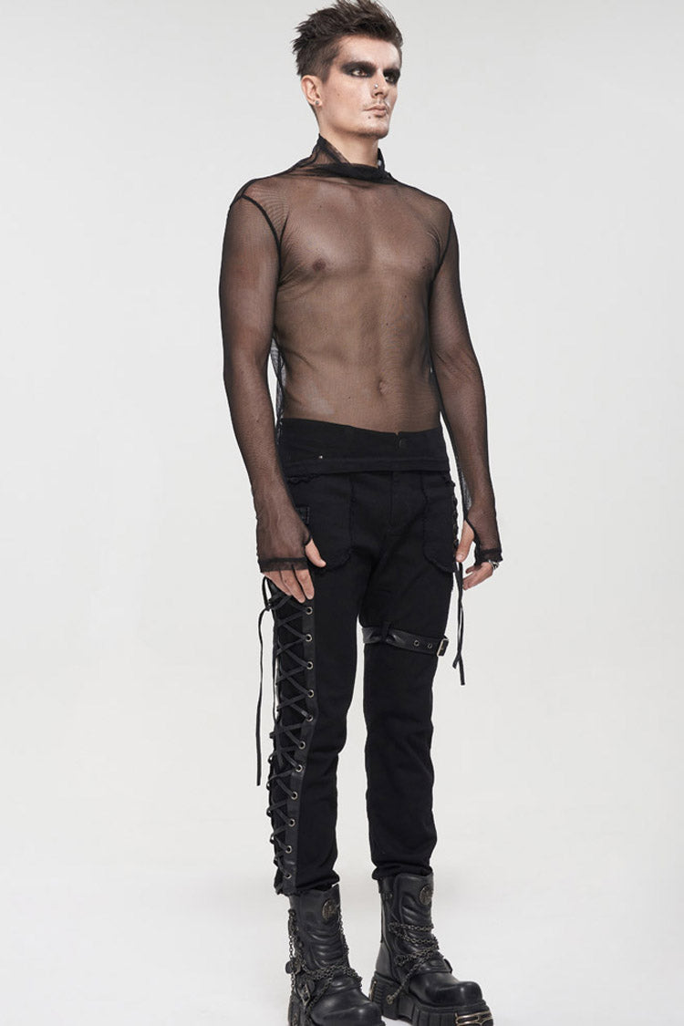 Black Gothic Elasticity Perspective Rhombus Net Yarn Shirt
