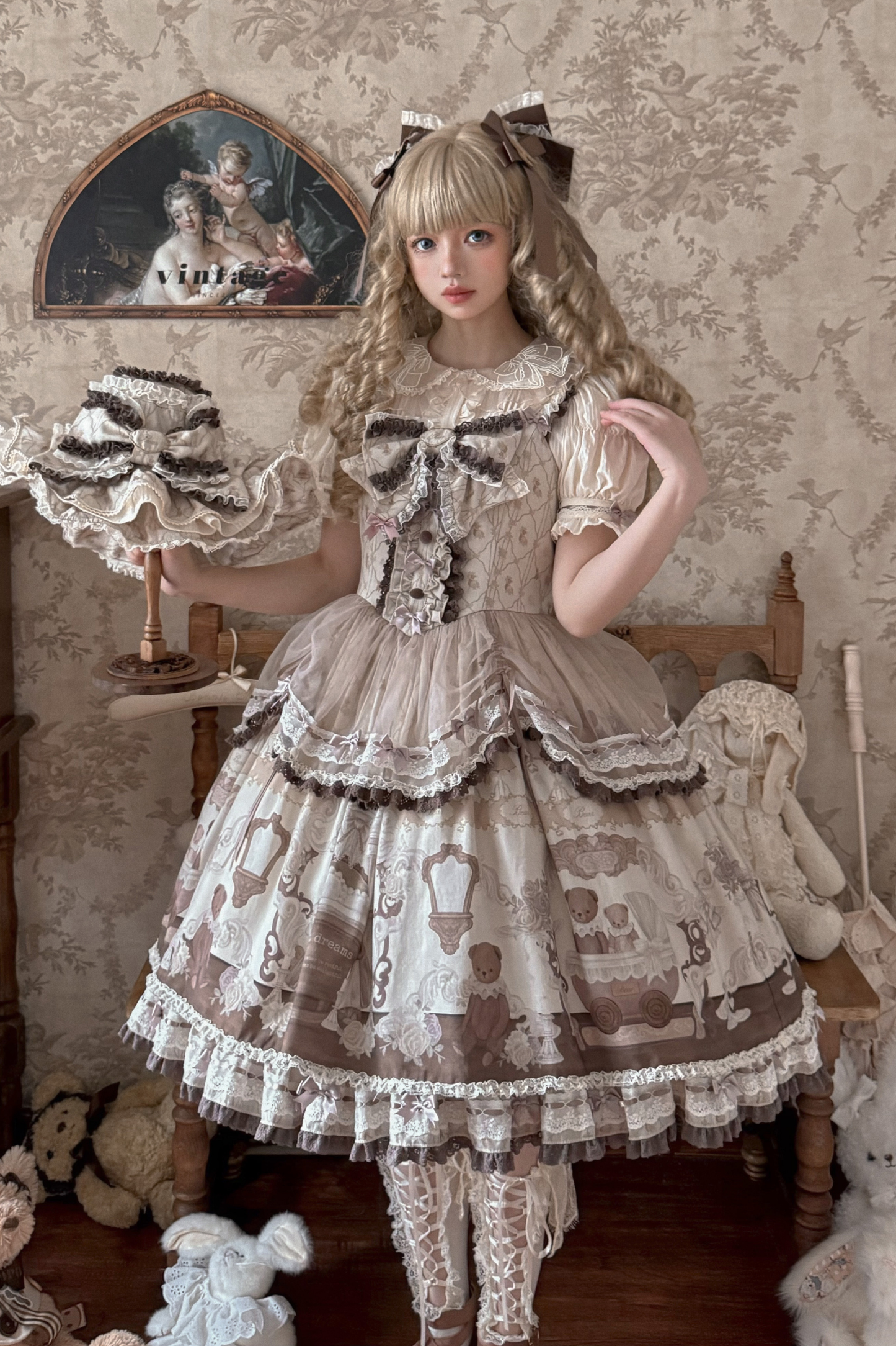 Briana Bear Print Dream Doll Lolita Dress + Jsk + Skirt + Shirt + Petticoat
