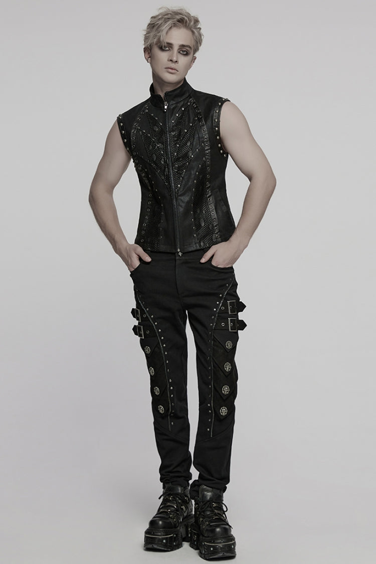 Black Stand Collar Stitching Mesh Punk Vest