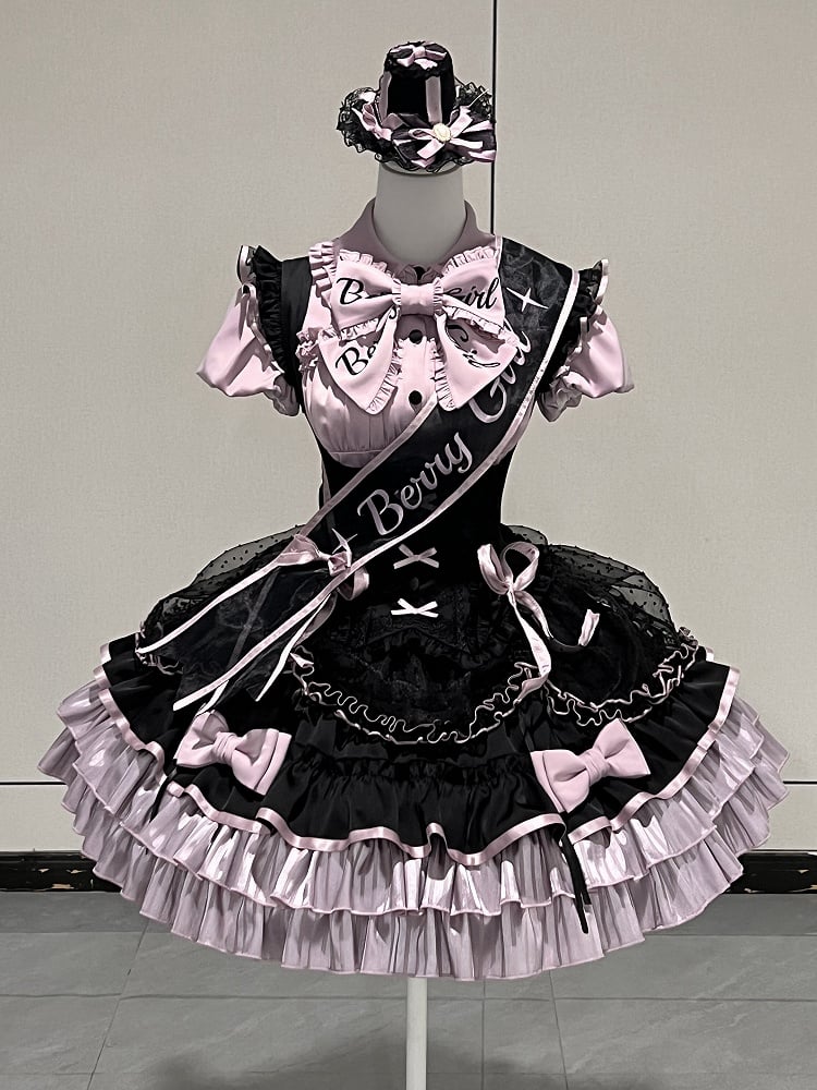 [order Deadline: May 12] Black Purple Lolita Idol Ribbon Puff Sleeve Shirt + Corset Tulle Pull-up Jks Dress Set
