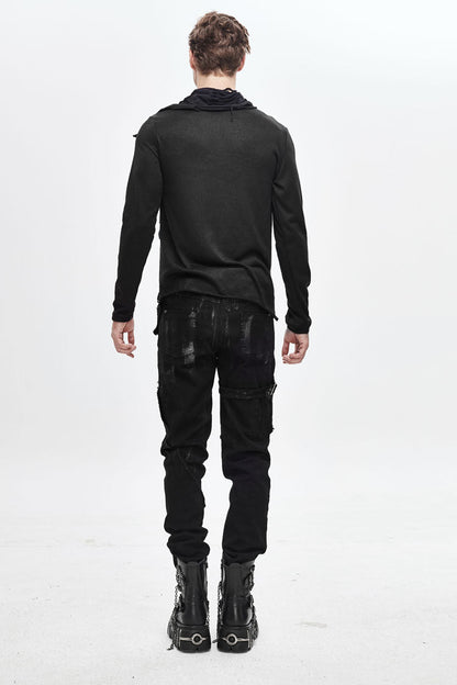 Black Ragged Turn-down Collar Woolen Long Sleeve Irregular Hem Punk T-shirt