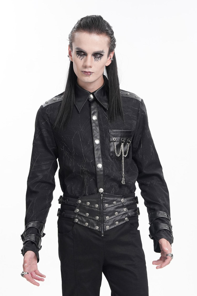Black Lapel Collar Long Sleeves Buckle Chain Gothic Blouse