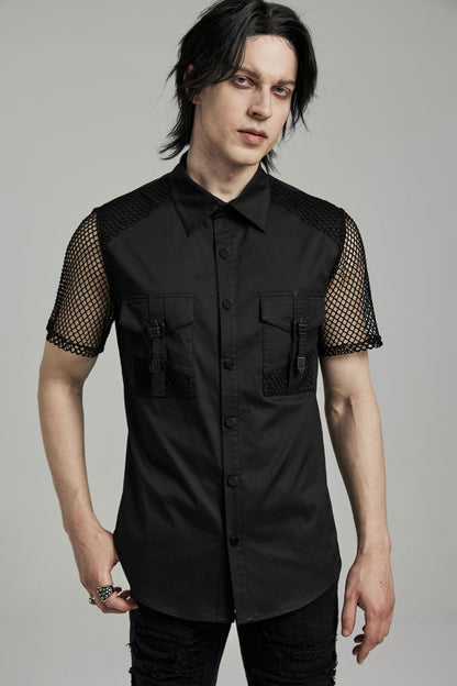 Black Lapel Collar Short Sleeves Mesh Stitching Punk Blouse
