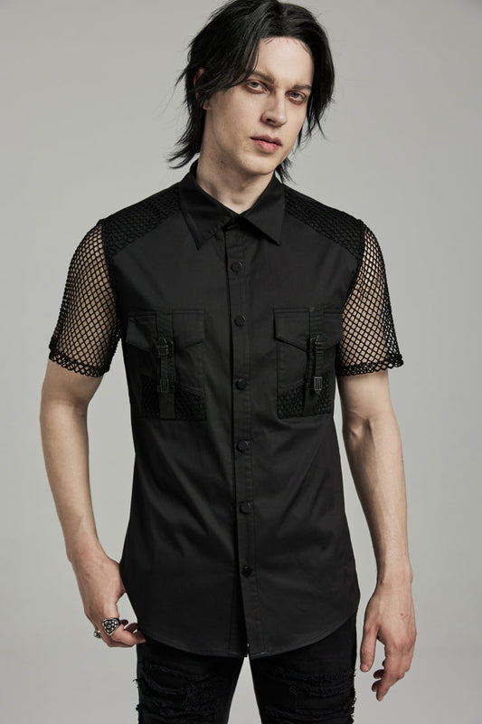 Black Lapel Collar Short Sleeves Mesh Stitching Punk Blouse