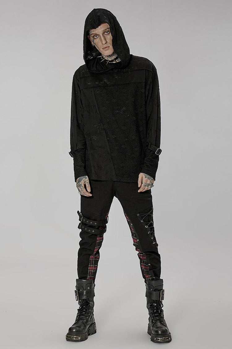 Black Punk Ripped Knit Mesh Surface Splicing Detachable Ring Sleeve Webbing Hooded T-shirt