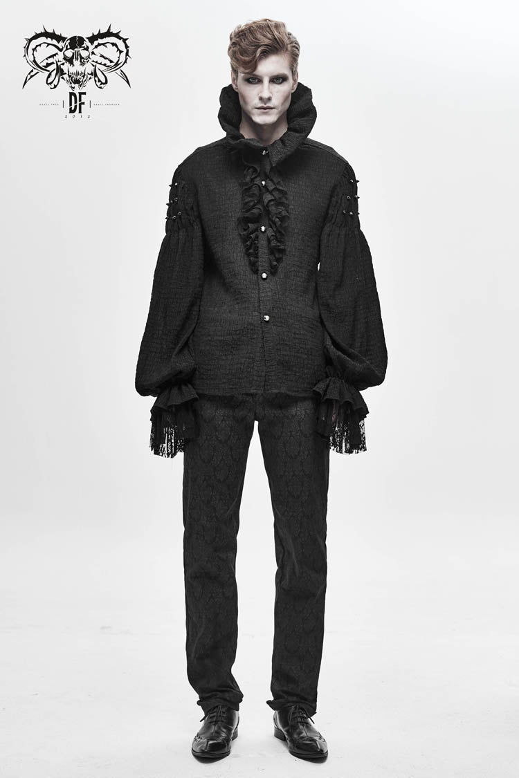 Black High Collar Chiffon Chest Frilly Beading Long Sleeve Lace Cuff Gothic Shirt