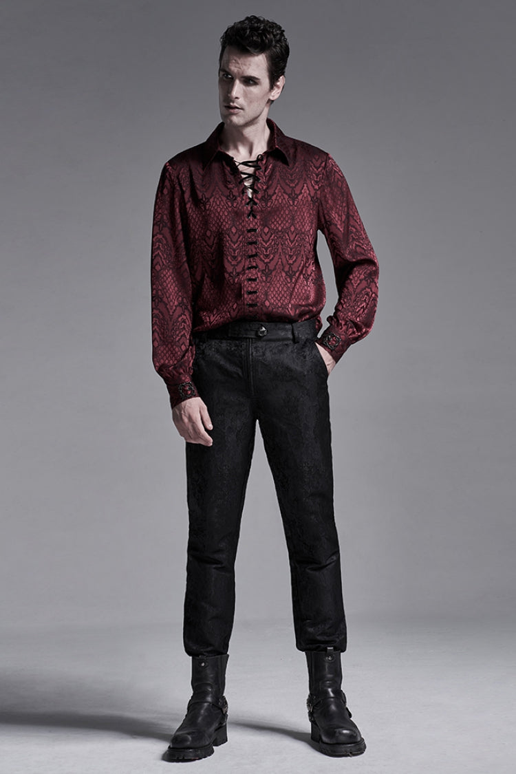 Jacquard Long Sleeve Front Metal Eyelets Lace Up Metal Carving Buckle Cuff Gothic Shirt 3 Colors