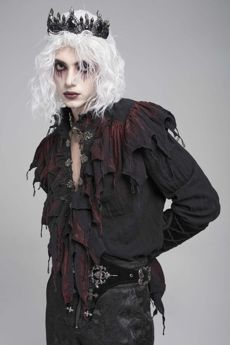 Black/red Stand Collar Long Sleeves Ruffled Gothic Plunging Shirt